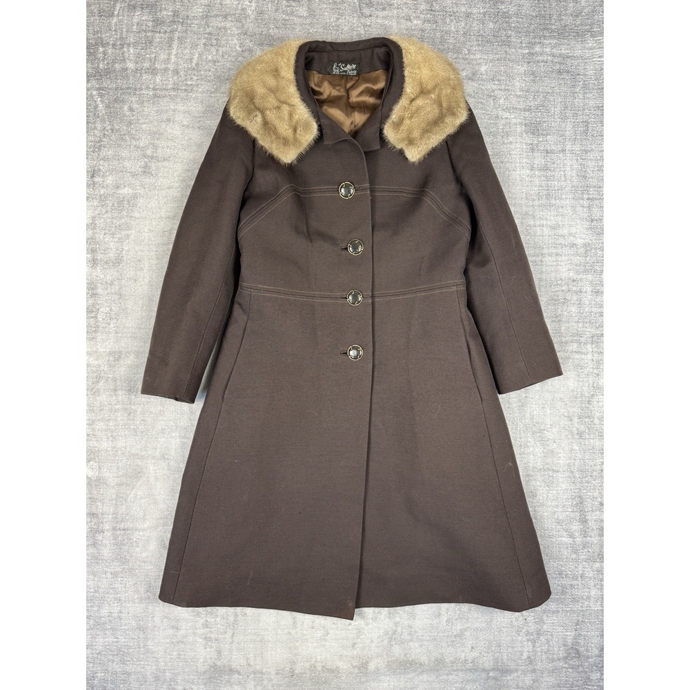 Vintage 1940s Jacket Womans Small Brown Pea Coat Single Breasted Fur Collar‎